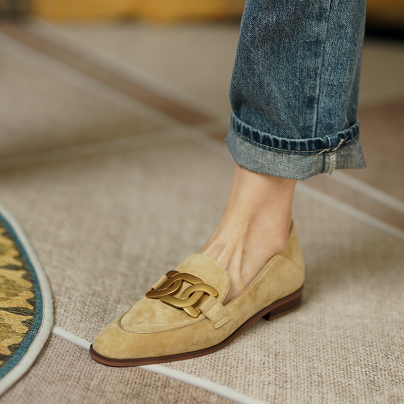 Womens Heels - 여성용 스웨이드 가죽 로퍼, 로우힐, 라운드