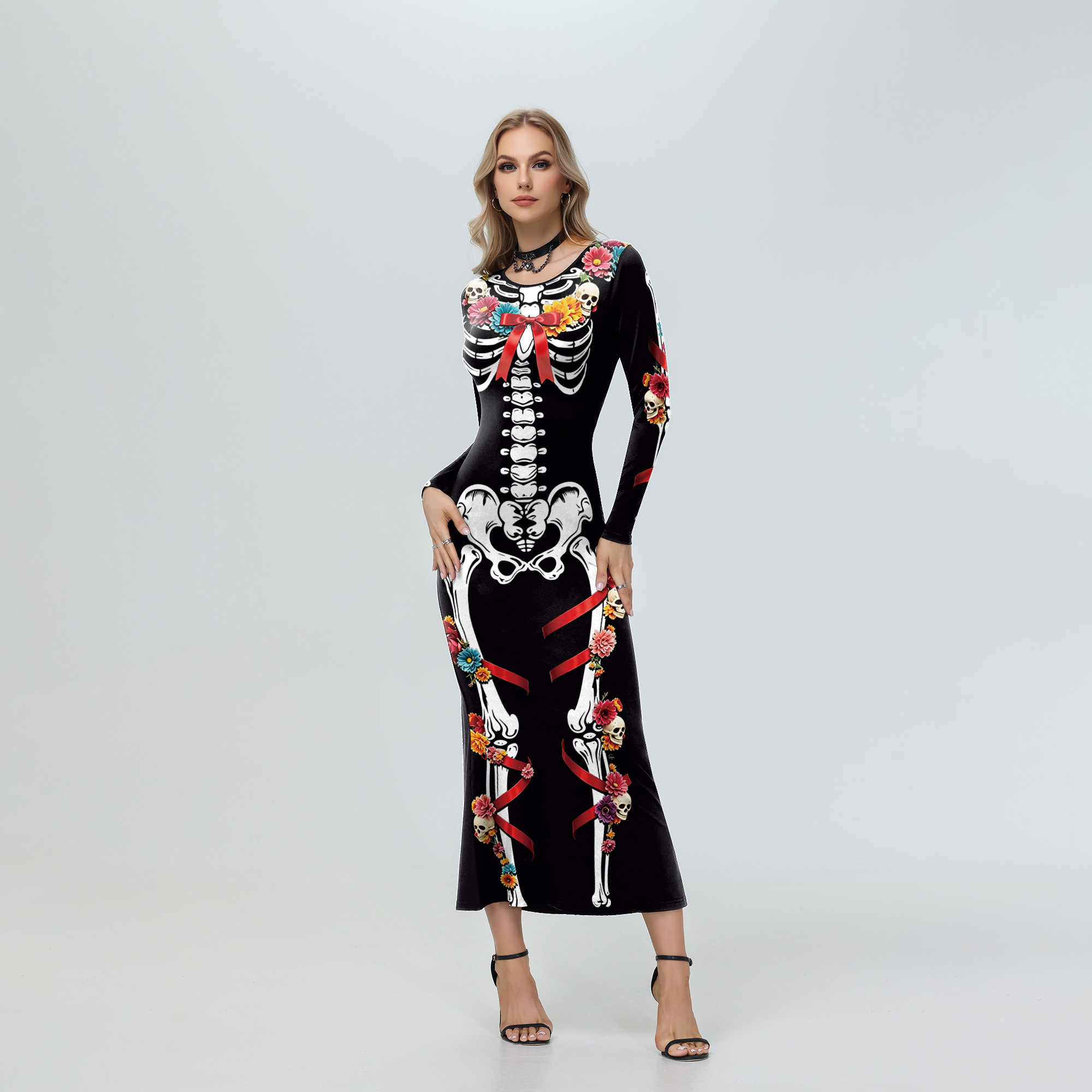 할로윈 여성용 플로럴 스켈레톤 레드 리본 미디 드레스  - Women'S Red Formal Wear 리뷰 및 가격