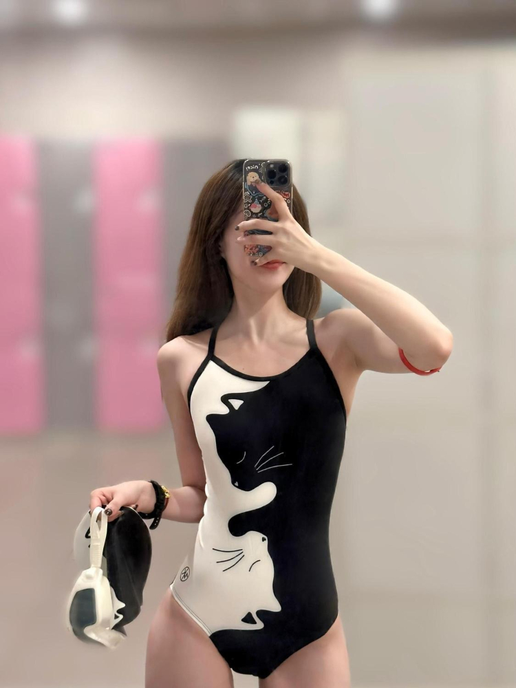 블랙 화이트 키튼 프린트 여성용 원피스 수영복 레이서백 - Womens Suit 리뷰 및 가격